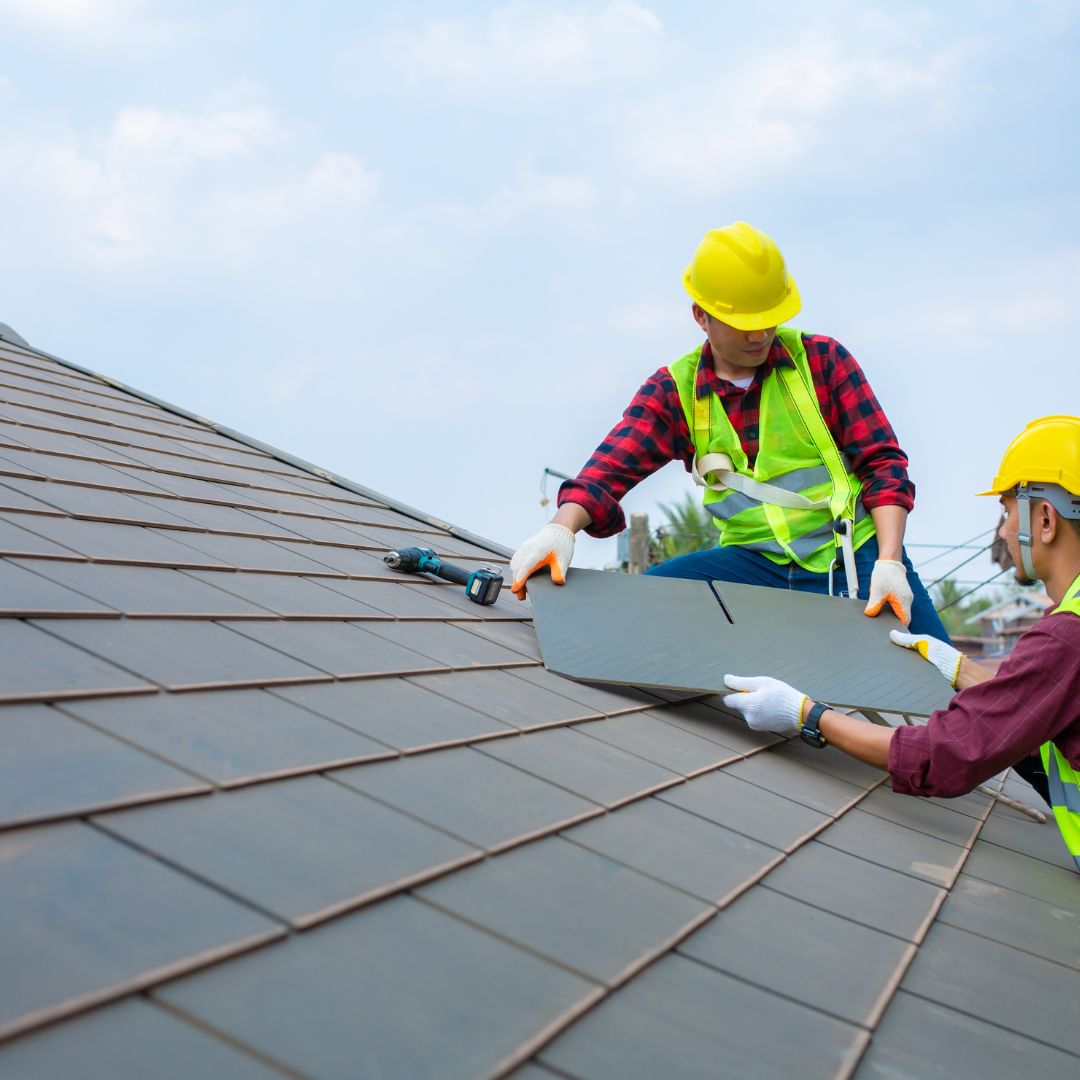 Two repair men installing roof shingle
